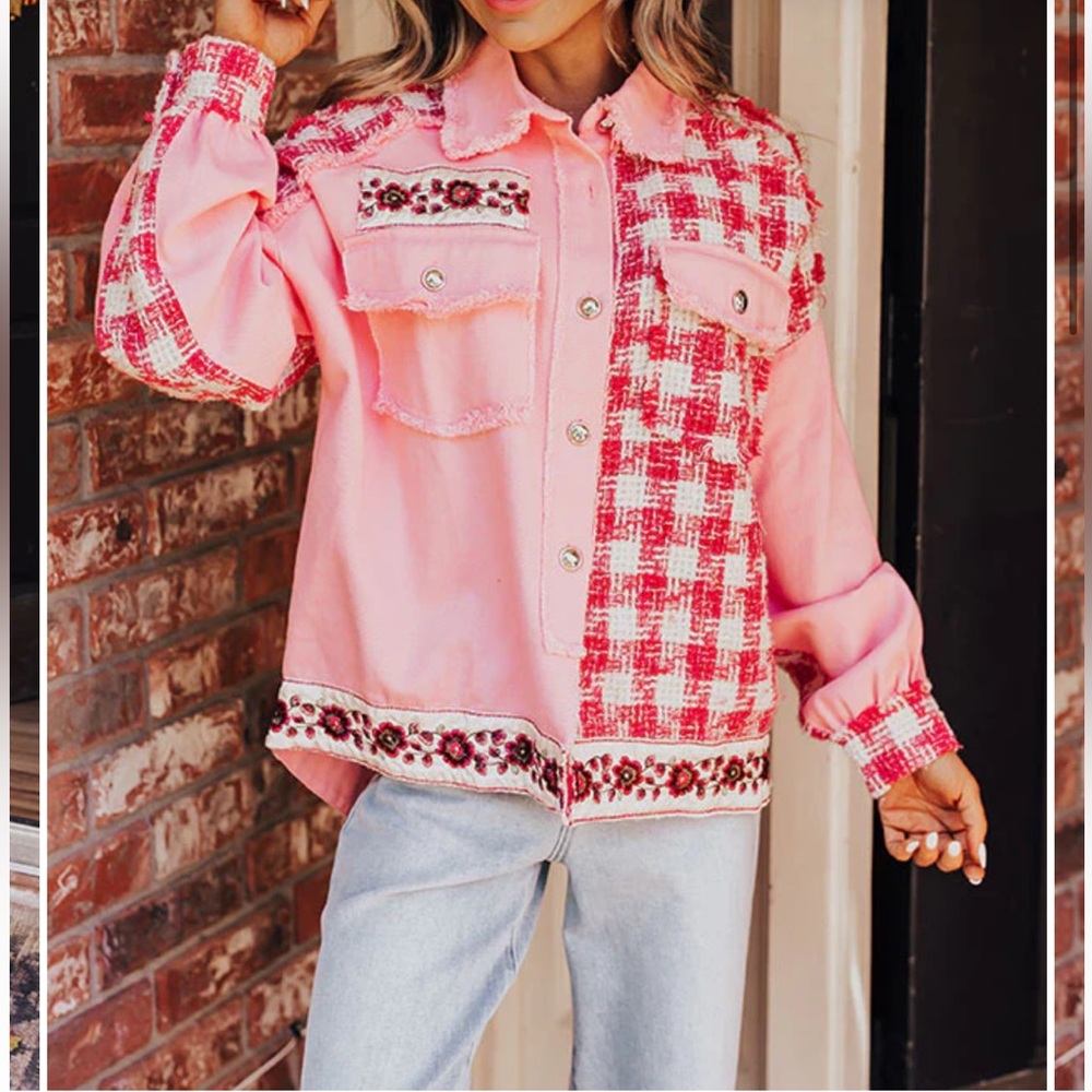 BIBI Pink Denim Tweed Lady Jacket Embroidered Flower Shacket Size Small